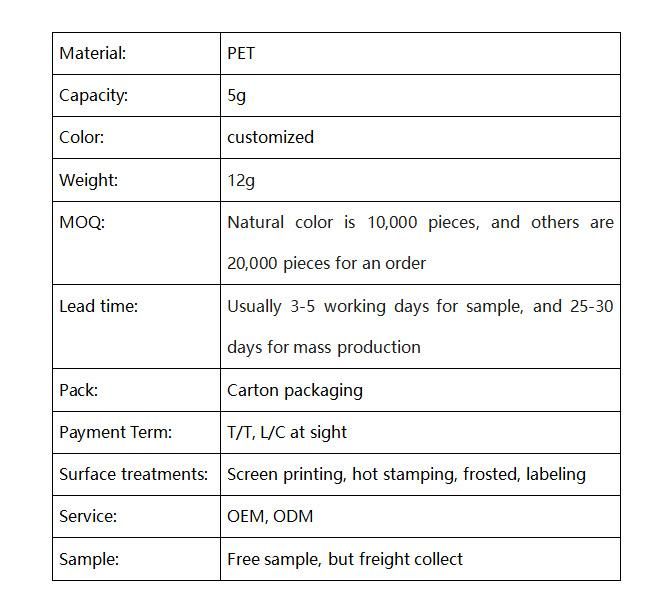 Round Bottle 5g Plastic Pet Cream Jar
