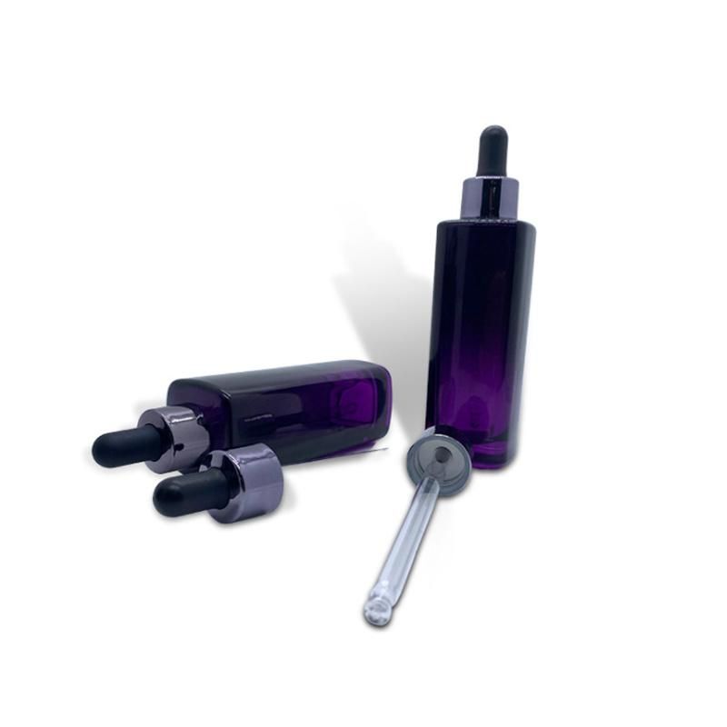 Luxury Fancy Square 50ml 75ml Dark Purple Empty High Flat Shoulder Frosted Hyaluronic Acid Packaging Bottle for Serum Glass