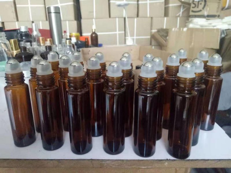 10ml Amber Deodorant Roll on Glass Bottle with Black /White Plastic/ Aluminum Cap and Glass/Stainless Steel Roller