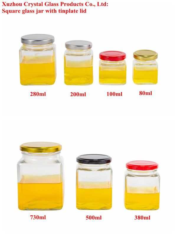 Square Honey Jam Jelly Glass Jar Salad Dressing Jar with Twist off Lid 150ml 200ml 280ml 380ml 500ml 730ml