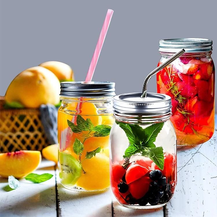 Custom 500ml Empty Wide Mouth Round Mason Jars with Lids and Straws