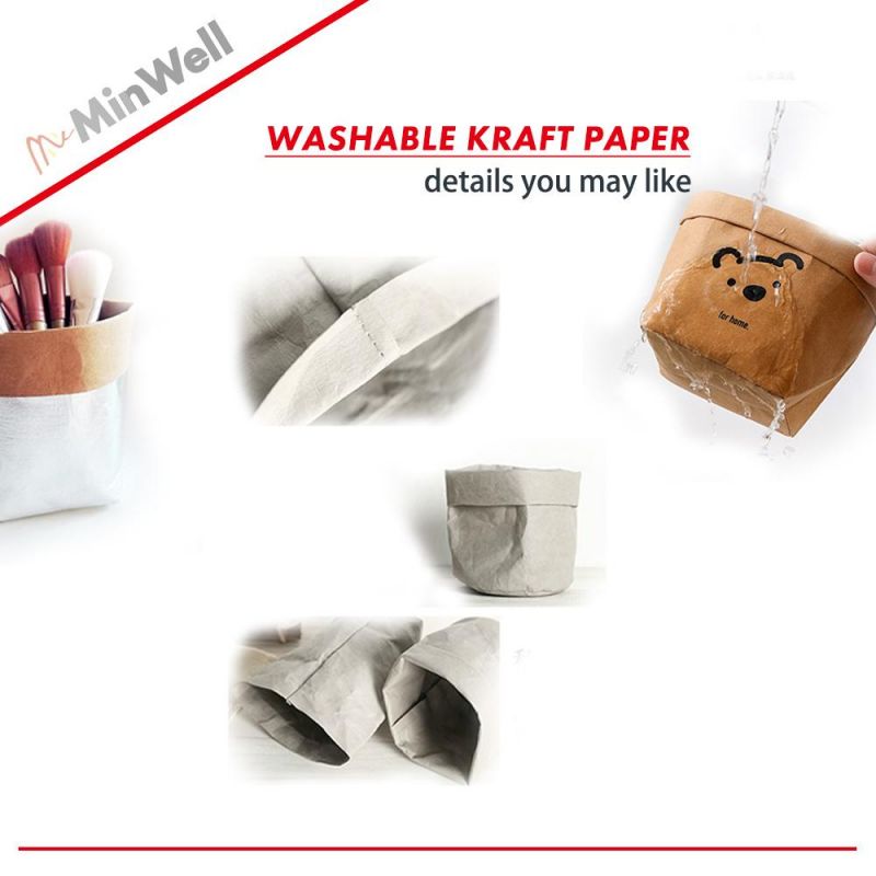 Minwell Kraft Paper Packaging Storage Bag Organizer for Fridge Kitchen Washable Kraft Container Reusable for Food Plants Vegetables Waterproof Bags Home Decor