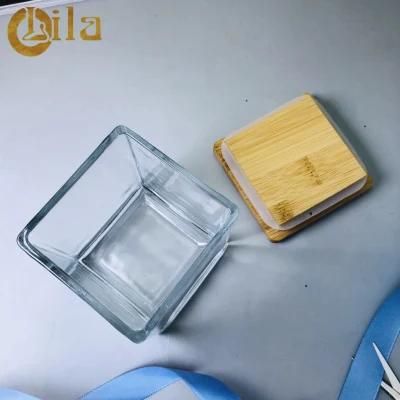 Wholesale High Quality Square Candle Jar Glass Storage Jar with Bamboo Wooden Lid