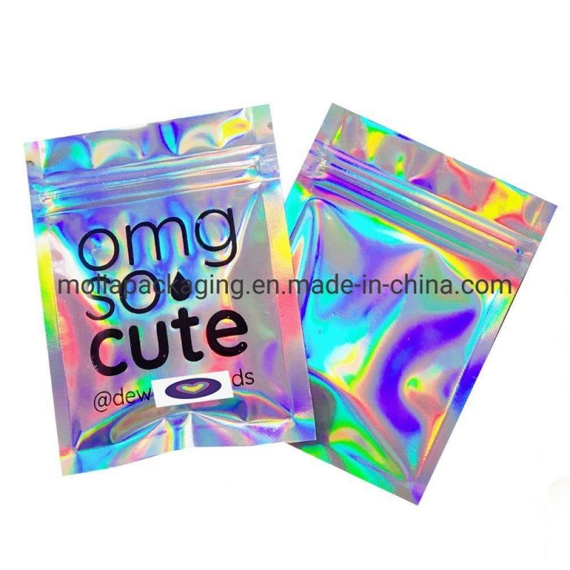 Resealable Smell Proof Ziplock Bags Laser Holographic Rainbow Color Stand up Food Pouch Aluminum Rainbow Foil Packaging Bags