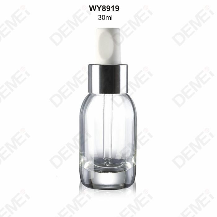 30ml Cosmetic Packaging Round Shoulder Glass Dropper Bottles with Silver Aluminum Speical Shape Rubber Pipette Dropper Cap