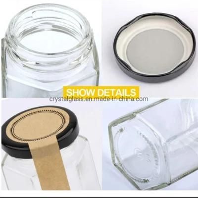 500ml Empty Hexagonal Glass Honey Jar with Black Tinplate Lids
