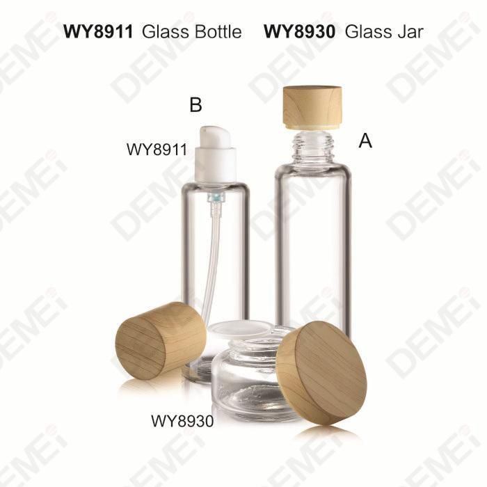30/60/80/120ml 15/30/50g Cosmetic Skin Care Packaging Clear Straight Round Toner Lotion Glass Bottle and Cream Jar with Imitation Wood Grain Cap