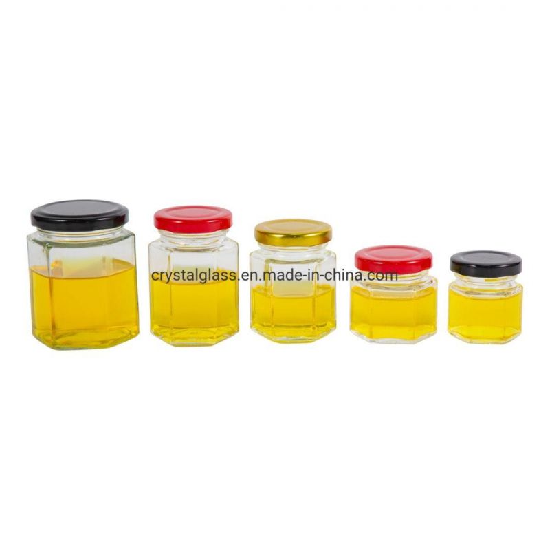 50ml 100ml 380ml 500ml 730ml Hexagonal Glass Food Jam Honey Glass Chutney Jar with Screw Sliver Lid