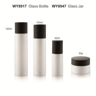 Glass Lotion Bottle Round Shap Solid White Color Bottle Solid Black Screw Cap Glass Jar 40ml 120ml 100ml 50g
