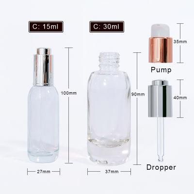 Wholesale Push Button Skincare Serum Face Essential Oil Essence Glass Dropper Bottle 15ml 30ml