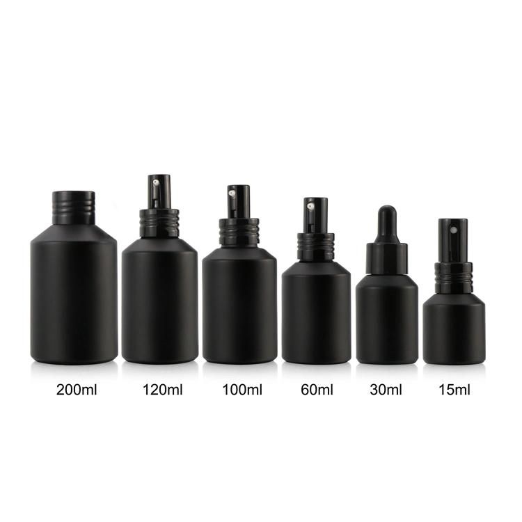 Cosmetic Packaging 15ml 30ml 60ml 125ml 200ml Black Glass Spray Bottles Full Set Frosted Amber Glass Bottle