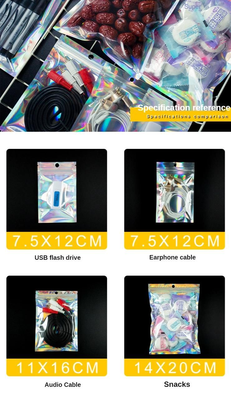 Shiny Transparent Holographic Mylar Ziplock Cosmetic Candy Make up Packaging Bag Hologram Stand up Pouch
