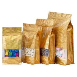Gold Holographic Side Gusset Bag Smell Proof Resealable Rectangle Bottom Ziplock Packaging Pouch with Clear Window