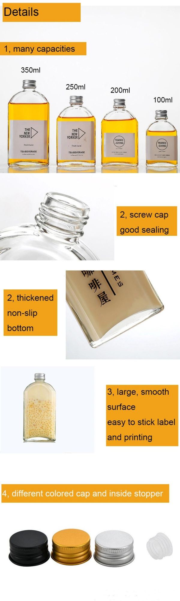 Flat Square 200ml Water Juice Milk Beverage Glass Bottle with Metal Cap
