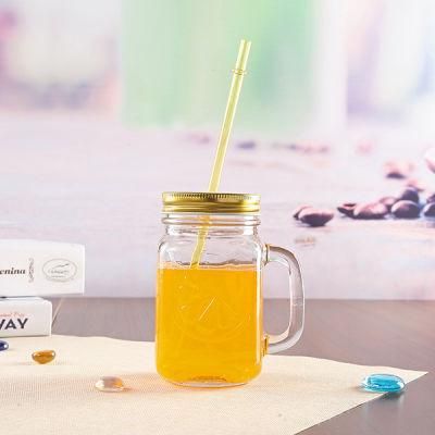 Popular Glass Mason Jar with Handle and Straw