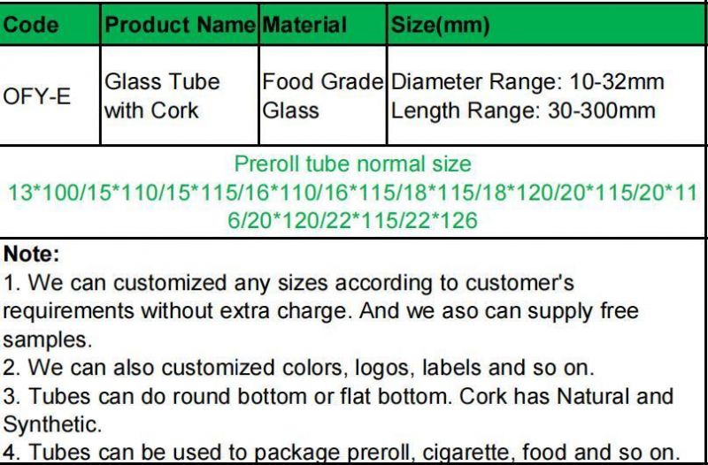 120mm 150mm 180mm 200mm Long Size Glass Test Tube with Cork for Pre Roll Packaging