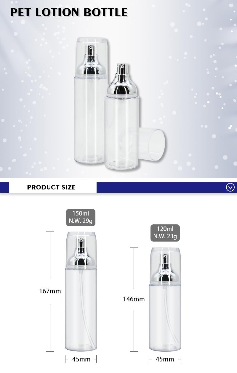 120ml 150ml Pet Clear Lotion Bottle Silver Pump Plastic Cosmetics Lotion Container