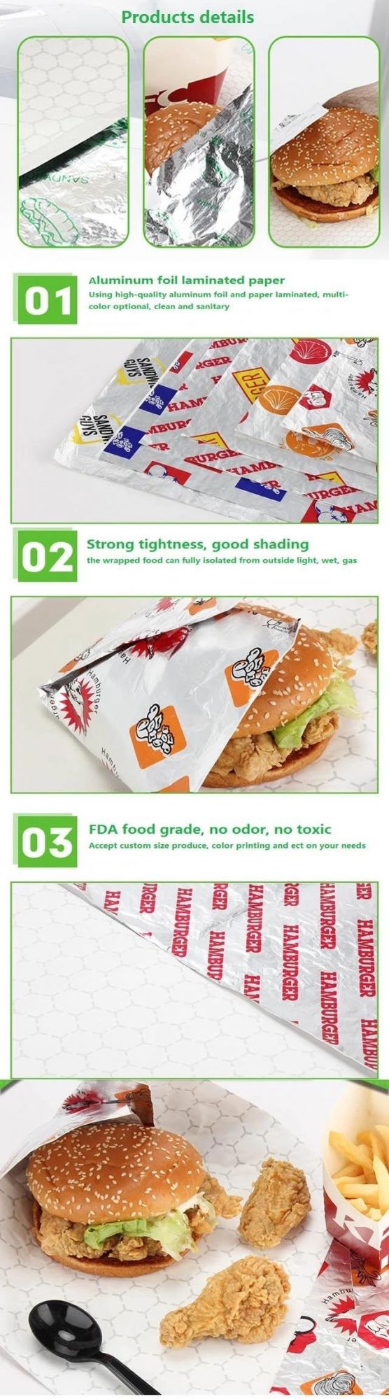 Custom Printed Honeycomb Aluminum Foil Wrapping Paper for Burger
