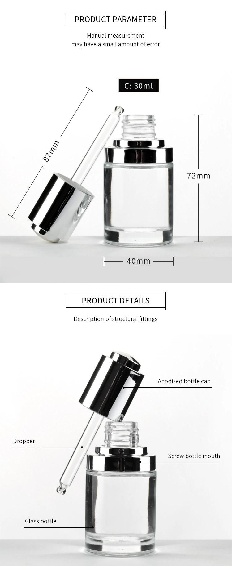 1oz 30 Ml Round Clear Cosmetic Essential Oil Serum Glass Press Pump Push Button Dropper Bottle with Cap