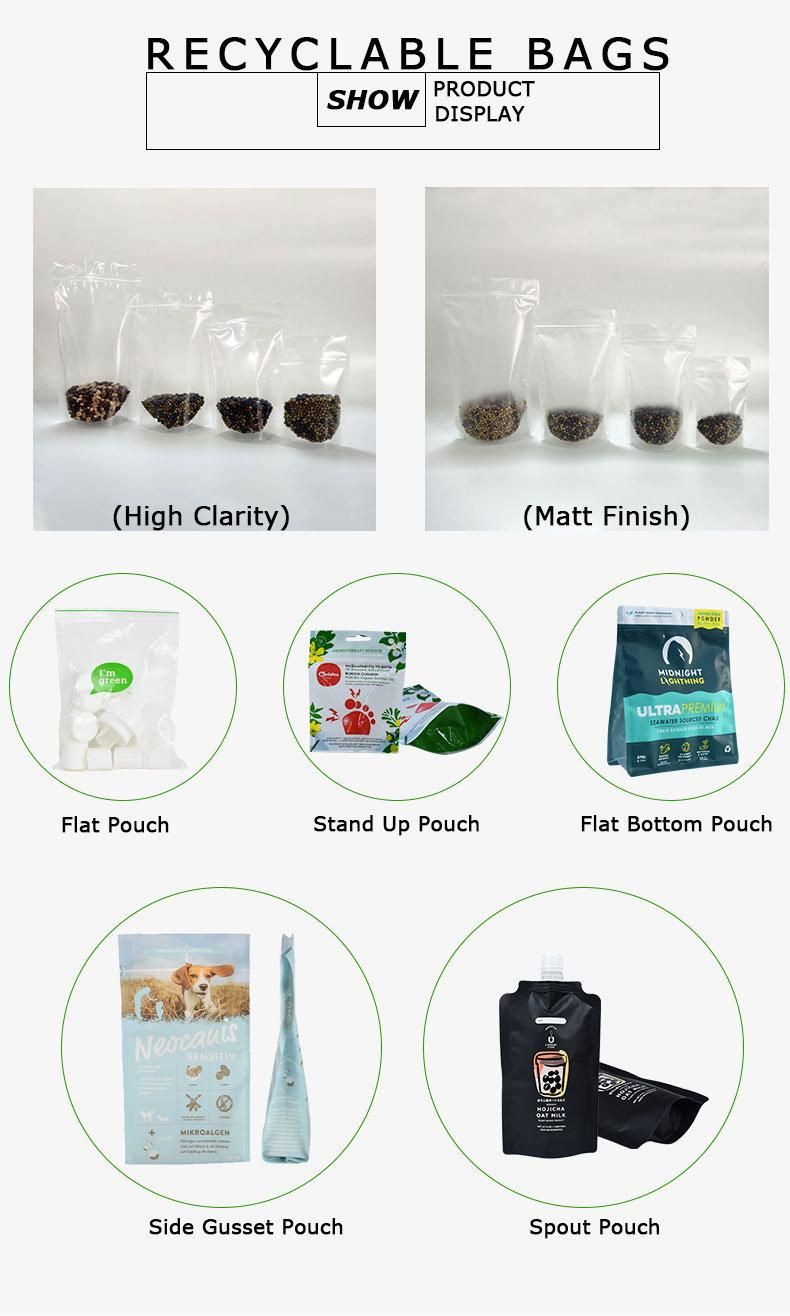 High Barrier Recyclable Matt Finish Clear Food Grade Nut Packaging Stand up Pouches