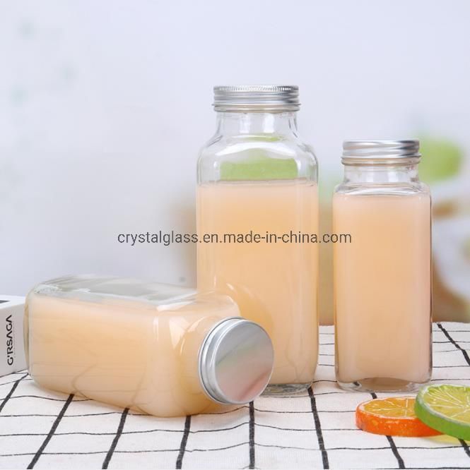 Wholesale Square Bottle Glass 12oz Milk Cold Brew Bottle with Aluminium Lids