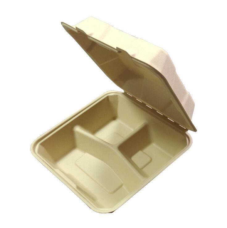 Eco Friendly 8*8 9*9 7*5 Inch 3 Compartments Compostable Bagasse Sugarcane Pulp Disposable Biodegradable Meal Food Box Compostable Clamshell Hamburger Tableware