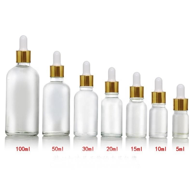 5ml 10ml 15ml 20ml 30ml 50ml 60ml 100ml Clear Frosted Amber Dropper Cosmetic Glass Essential Oil Bottle with Black/Gold Cap