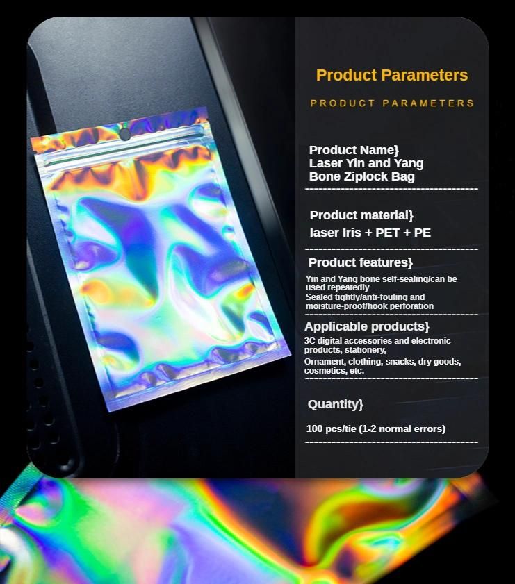Shiny Transparent Holographic Mylar Ziplock Cosmetic Candy Make up Packaging Bag Hologram Stand up Pouch