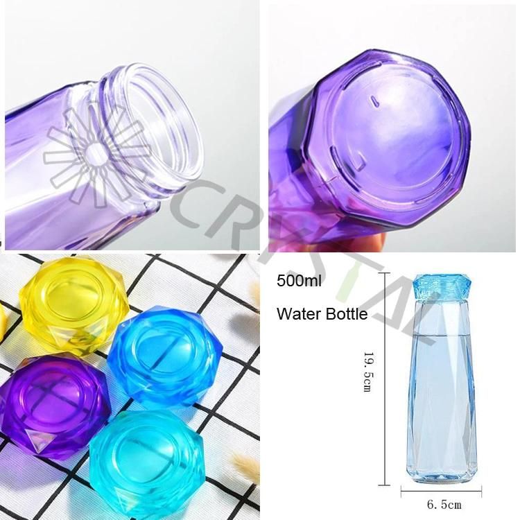 Customized Diamond Shape Bottle Colorful Glass Drinking Water Bottle with Plastic Cap 500ml