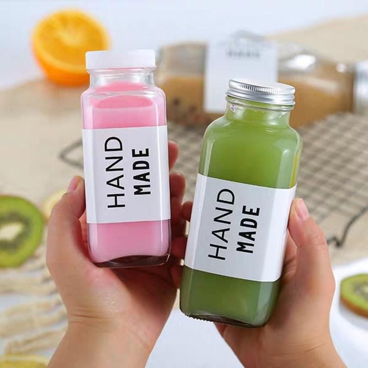 Cold Pressed Juice 250ml 300ml 500ml 16oz Clear French Square Milk Beverage Glass Bottles with Plastic Screw Cap