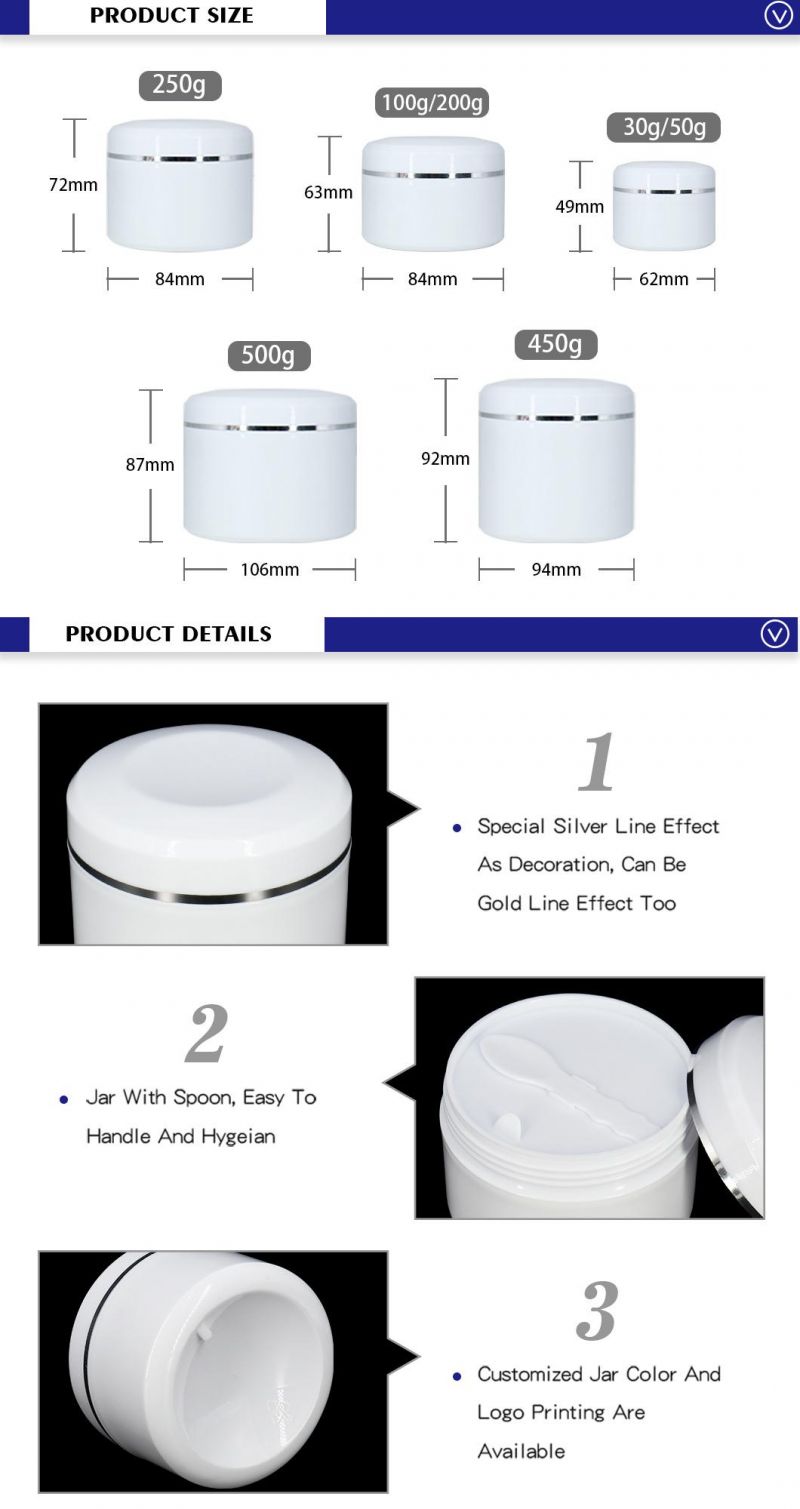 New Products 30g 50g 100g 200g 250g 450g 500g White Empty Plastic Luxury Cosmetic Jars
