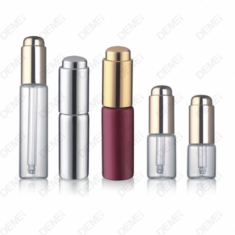 2ml-10ml Wholesale Cosmetic Packaging D16.4mm Stright Round Clear and Amber Serum Essential Oil Tube Glass Bottle with Gold Aluminum Press Button Dropper Cap