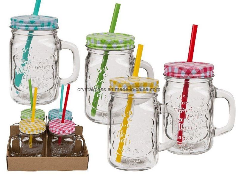 Classic Glass Juice Cup with Handle and Straw for Bar 16oz