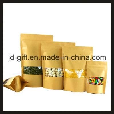 Wholesales Kraft Paper Ziplock Food Packaging Bags with Clear Window for Candy, Seeds, Spice, Tea, Dry Food (12*20+4cm)