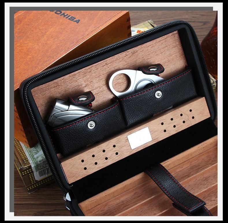 Wholesale Cigarette Box Cedar Humidor Travel Leather Case Portable Leather Cigar Humidifier Case