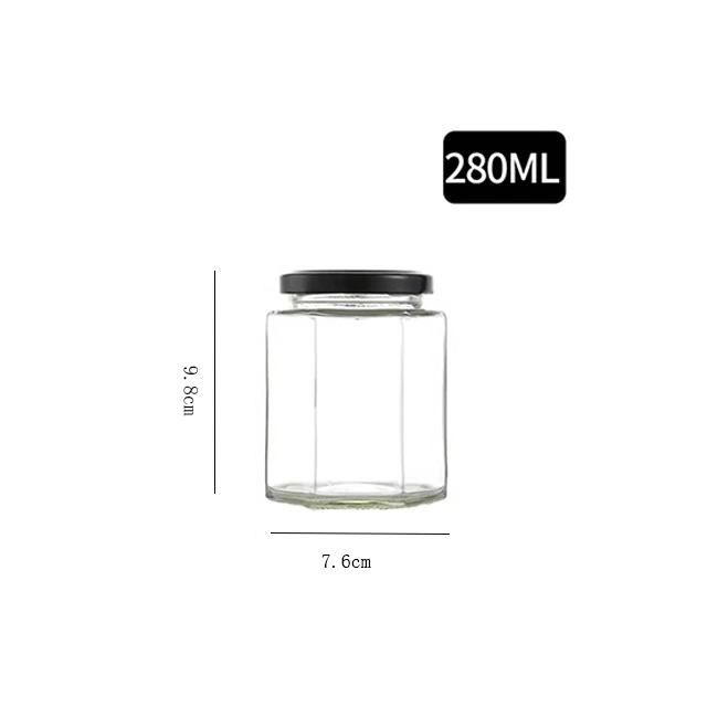 280ml 9oz Hexagonal Jam Honey Food Storage Jar Glass Jar with Lids