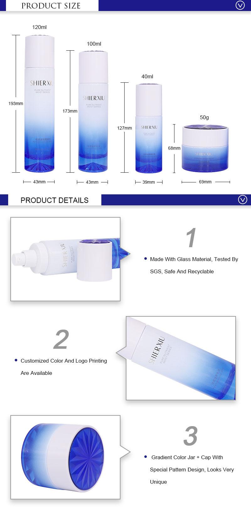 Popular White and Blue 50ml Glass Cosmetic Containers for Sincare Packaging