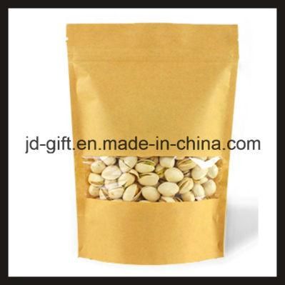 Wholesales Kraft Paper Standing Ziplock Food Packaging Bags with Clear Window for Candy, Seeds, Spice, Tea, Dry Food (9*14+3cm)