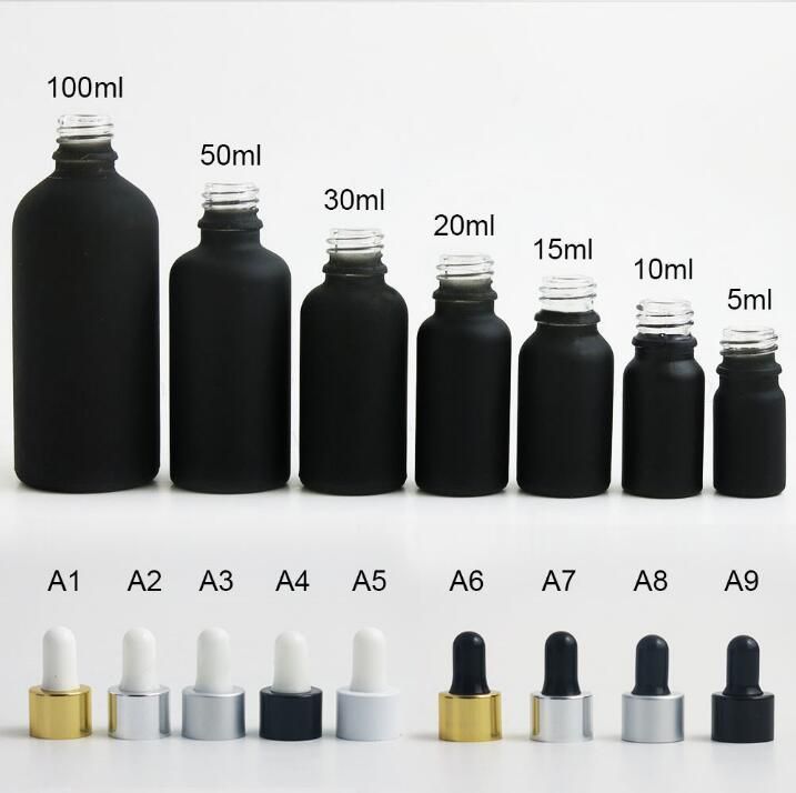 Frosted Black Essential Oil Dropper Cosmetic Packaging Bottles with Different Kind of Lids for Fragrance Oil Medical Beauty Products Use