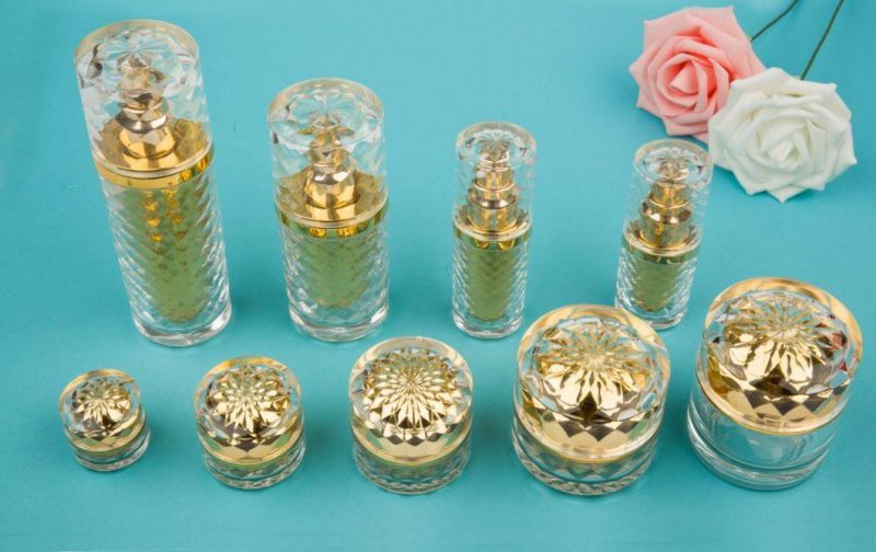 Shinny Gold Cream Jar and Bottle Set with Clear Lid