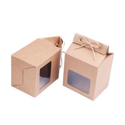 Custom Thick Brown Kraft Paper Food Tea Sweets Folding Gift Box with Rectangular Window Lace up with Hemp Rope