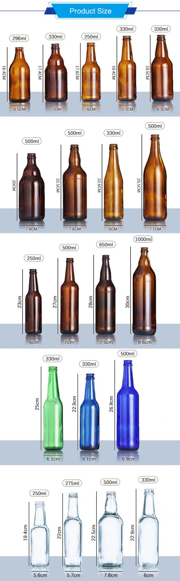 Beer Package 330ml 33cl Clear Amber Blue Green Glass Beer Bottle with Crown Lid