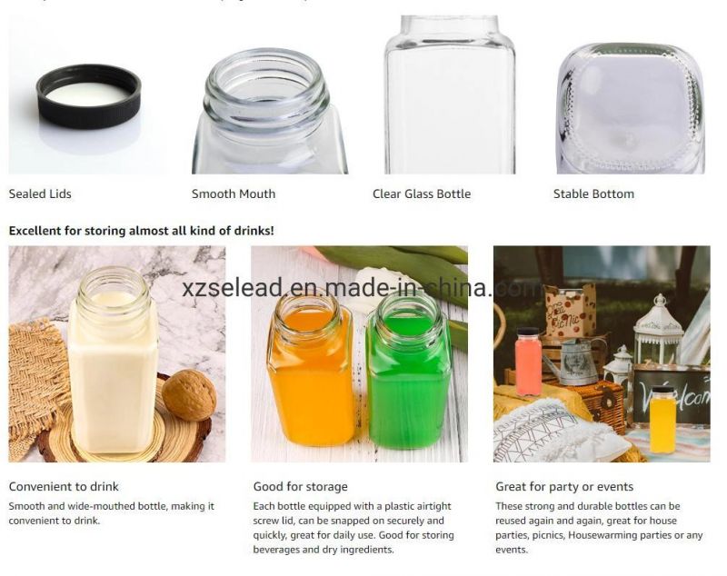 2oz 4oz 8oz 12oz 16oz Clear French Square Glass Bottles Wide Mouth Glass Beverage Bottle for Kombucha Pressed Juice with Lid