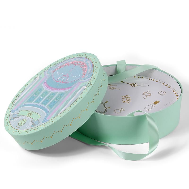 Big Size Luxury Printed Oval Gift Box Packaging Cosmetics Paper Tube with Ribbon Handle