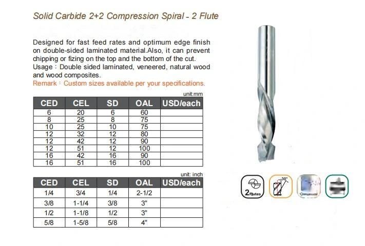 Bfl Solid Carbide 2 Flute CNC Compression Cutter CNC Wood End Milling Cutter