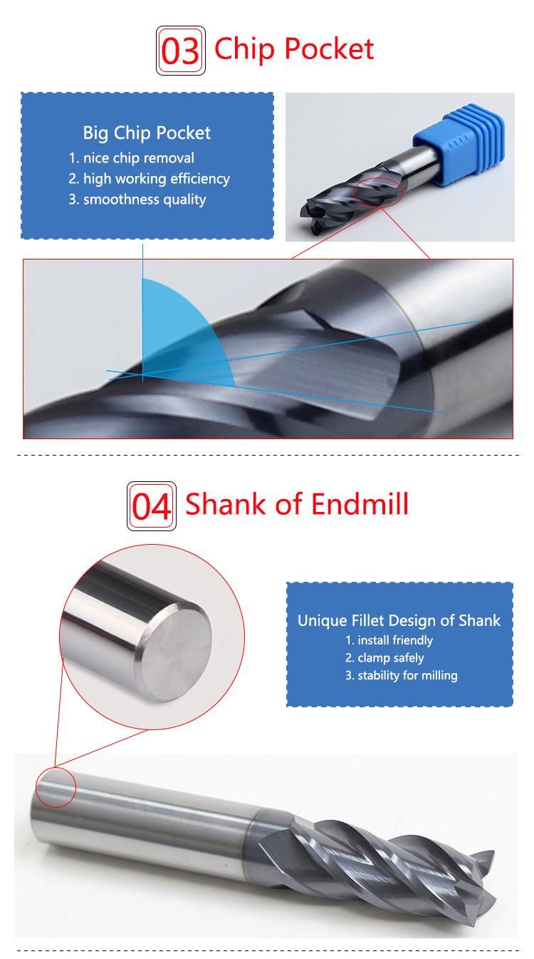 CNC Tungsten Cemented Carbide Tools HRC45/HRC55/HRC60/HRC65 Flat Ballnose Radius End Mill Milling Cutter