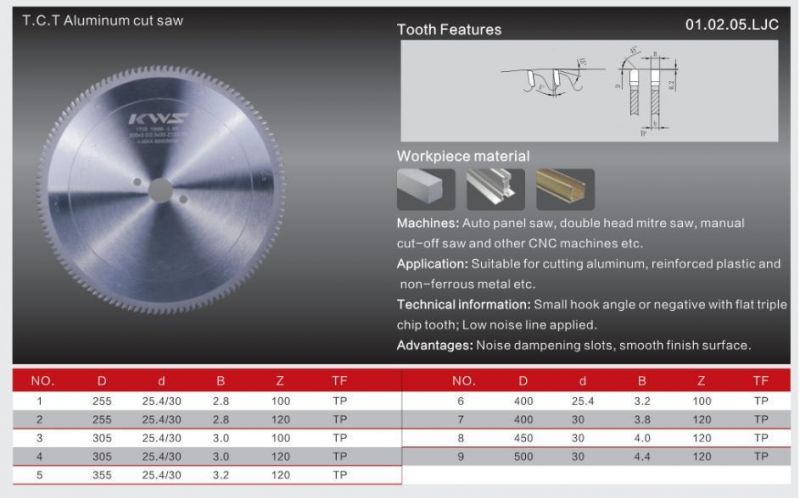 Kws Manufacturer 255mm Aluminum Cutting Tool Tct Circular Saw Blade