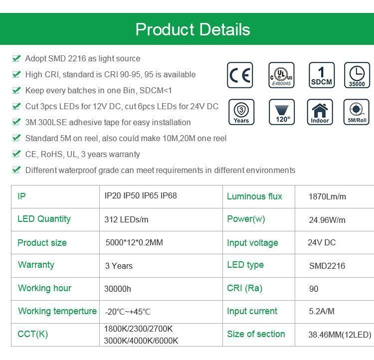 DC 24V Dimmable CCT SMD 2216 Flexible LED Strip