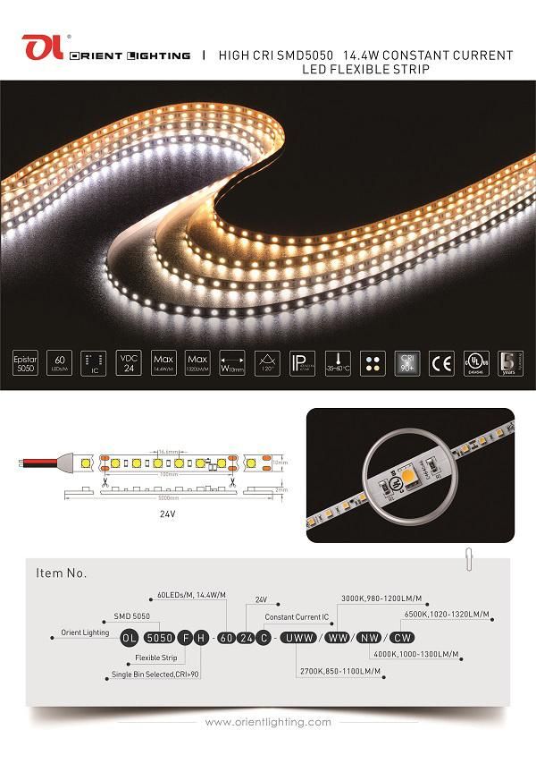 Epistar 5050 60LEDs/M 14.4W/M 24V CRI 90 LED Strip Lighting