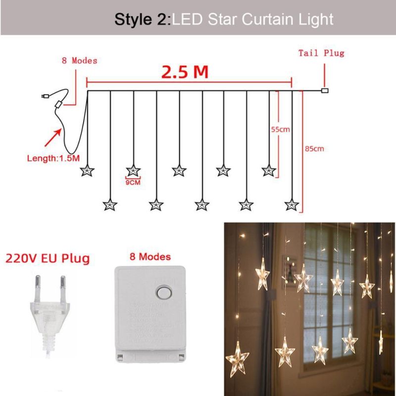 LED Star Curtain Light Window String Fairy Lights for Christmas Wedding Decoration Lights for Home